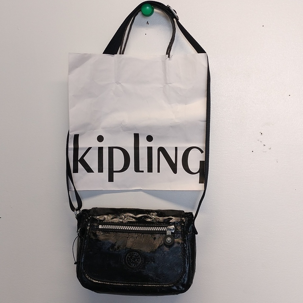 NWOT Kipling shiny crinkle black small crossbody bag.